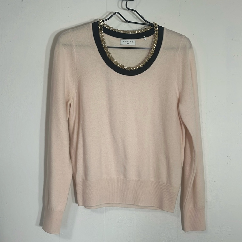 Sandro Paris Wool Cashmere Sweater In Light Pink gold accent neckline size small